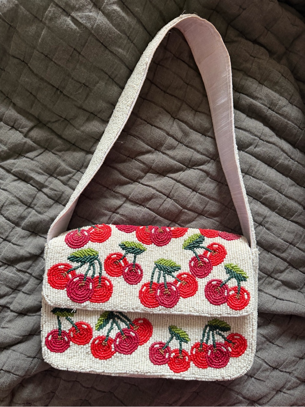 Anthropologie Beaded Cherry Shoulder Bag - Red on Cream